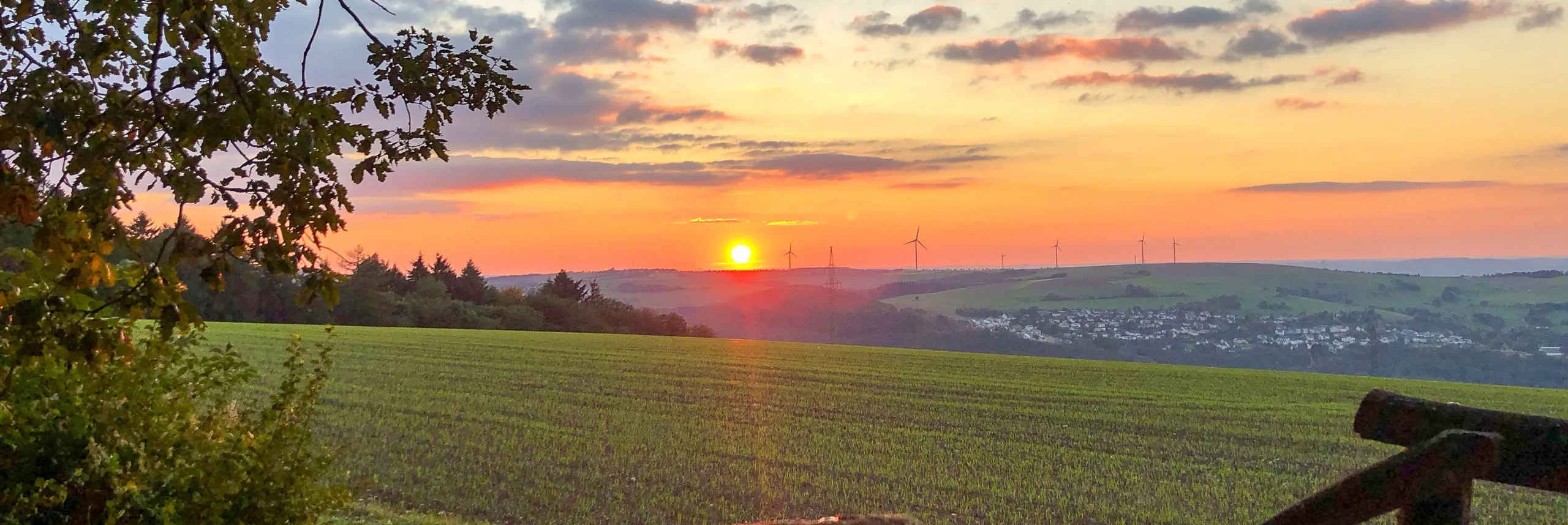Aussicht von der Panoramabank Morscheider Grenzpfad mit Sonnenuntergang - genau hier soll der Solarpark entstehen Aussicht von der Panoramabank Morscheider Grenzpfad mit Sonnenuntergang - genau hier soll der Solarpark entstehen