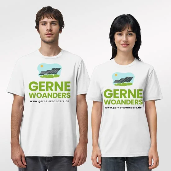 gerne woanders T-Shirt Mann und Frau mit weißen T-Shirts und gerne woanders Solar Panel Print