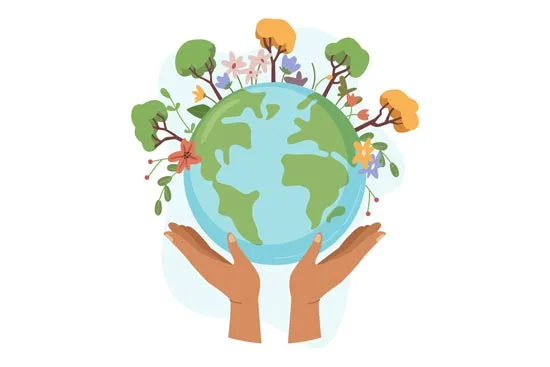 rette die Natur rette die Natur symbolisiert durch zwei Hände die eine blühende erde halten